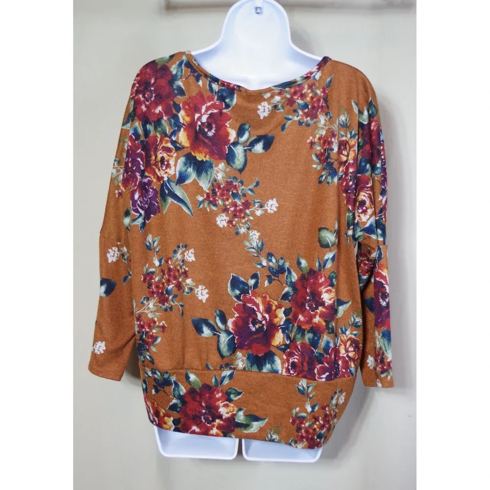 AGB Women's Large Floral Knit Top Rust Orange Red Rose‎ Print Wide Sleeve Blouse
